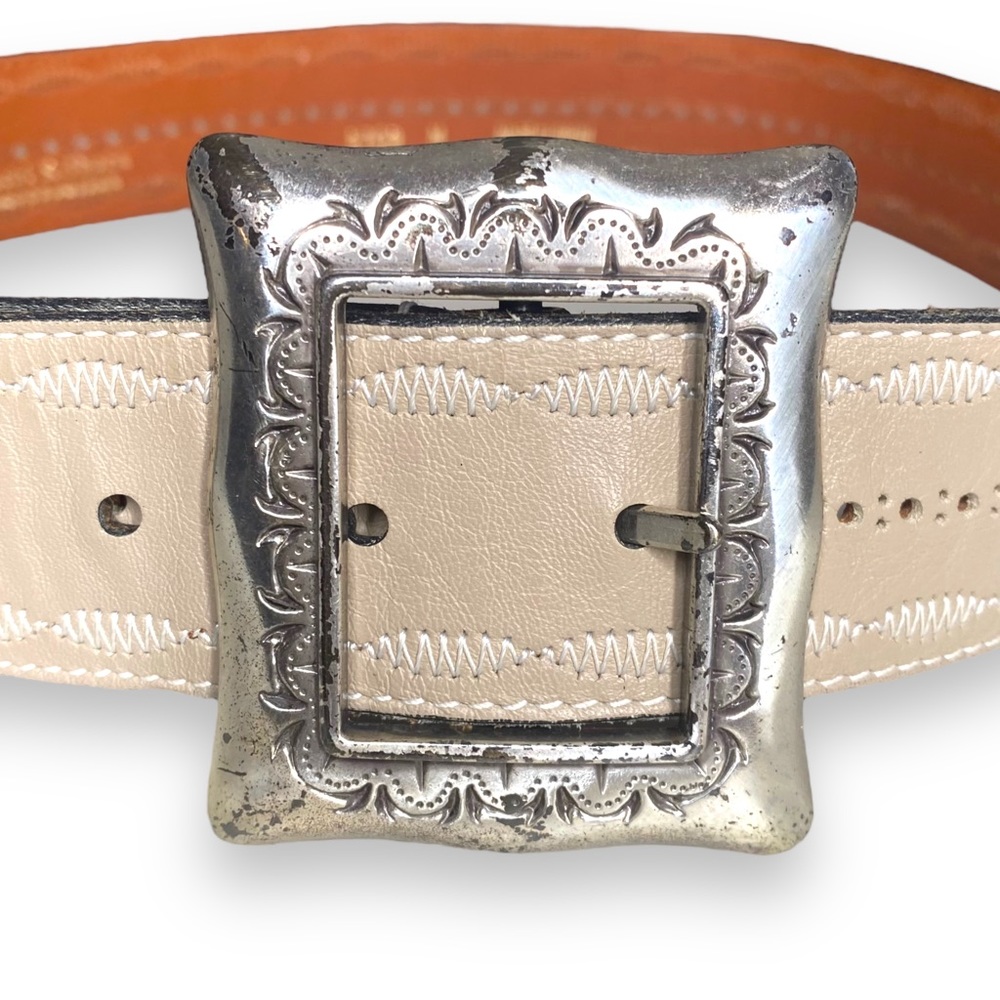 Kathi Kilburn Cream Silver Square Buckle Leather Belt Size Medium